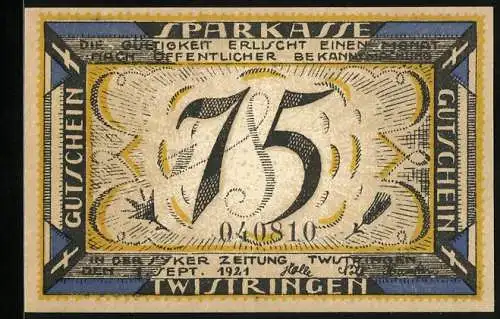 Notgeld Twistringen 1921, 75 Pfennig, Frauenfigur mit Glocke