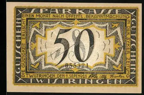 Notgeld Twistringen 1921, 50 Pfennig, Ortsansicht mit Kirche