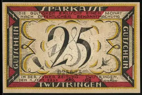 Notgeld Twistringen 1921, 25 Pfennig, Frau bei der Arbeit