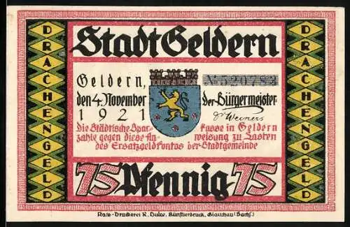 Notgeld Geldern 1921, 75 Pfennig, Wappen und Szene mit Drachen