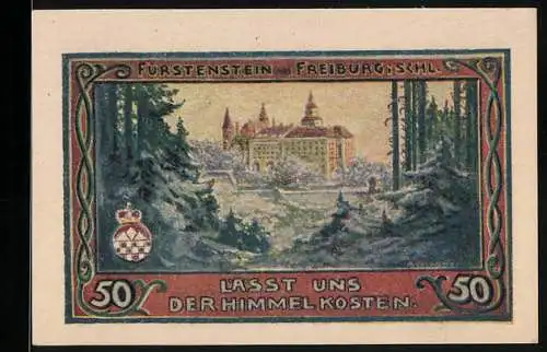 Notgeld Freiburg / Schlesien 1921, 50 Pfennig, Kirche und Blick auf das Schloss Fürstenstein