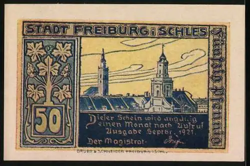 Notgeld Freiburg / Schlesien 1921, 50 Pfennig, Kirche und Blick auf das Schloss Fürstenstein