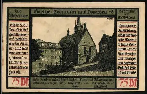 Notgeld Pössneck 1921, 75 Pfennig, Goethe: Hermann und Dorothea aus Melpomene