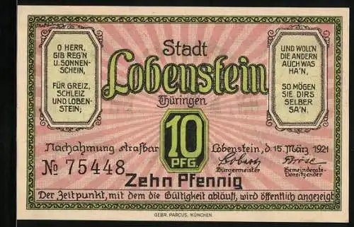 Notgeld Lobenstein 1921, 10 Pfennig, Alter Turm mit Kranz