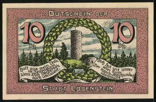 Notgeld Lobenstein 1921, 10 Pfennig, Alter Turm mit Kranz