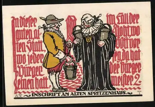 Notgeld Schöppenstedt 1921, 50 Pfennig, Inschrift am Alten Spritzenhaus, Ortsansicht