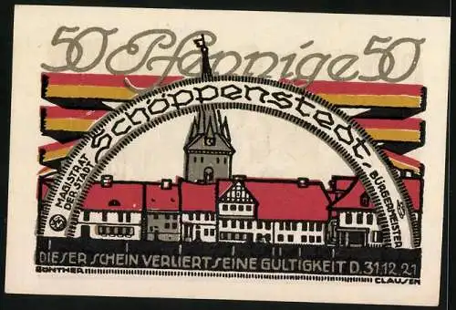 Notgeld Schöppenstedt 1921, 50 Pfennig, Inschrift am Alten Spritzenhaus, Ortsansicht