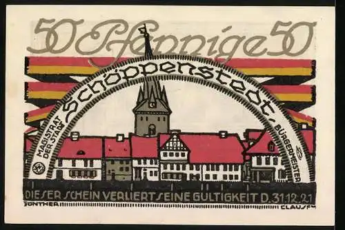 Notgeld Schöppenstedt 1921, 50 Pfennig, Ortsansicht und Versammlung