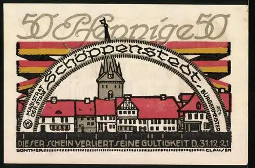 Notgeld Schöppenstedt 1921, 50 Pfennig, Ortsansicht und Kirchenturm mit Text