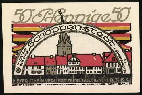 Notgeld Schöppenstedt 1921, 50 Pfennig, Ortsansicht mit Historischer Szene