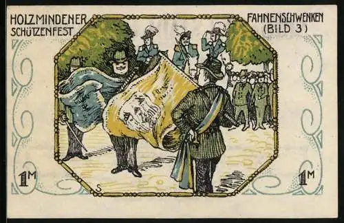 Notgeld Holzminden 1922, 1 Mark, Wappen und Fahnenschwenken beim Schützenfest