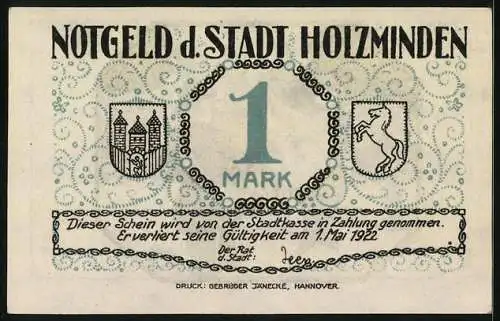 Notgeld Holzminden 1922, 1 Mark, Wappen und Fahnenschwenken beim Schützenfest
