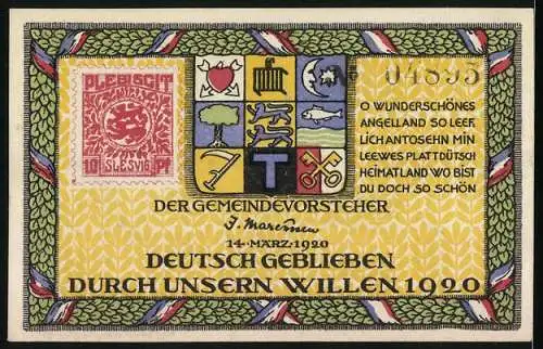 Notgeld Holnis 1920, 1 Mark, Wappen und Rolf Krake auf der Flucht