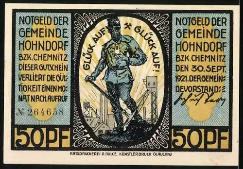 Notgeld Hohndorf 1921, 50 Pfennig, Gewerkschaft Deutschland, Betriebsabteilung Helene-Ida-Schacht