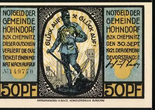Notgeld Hohndorf 1921, 50 Pfennig, Bergmannssiedlung Glückauf