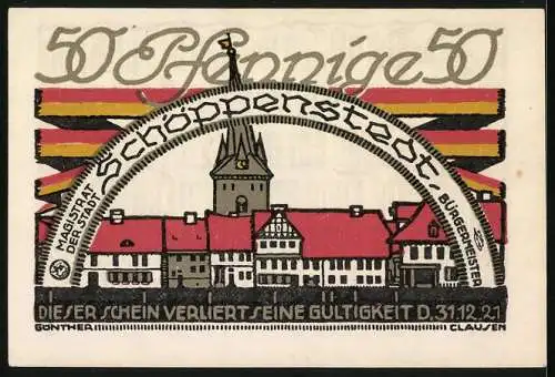 Notgeld Schöppenstedt 1921, 50 Pfennig, Ortsansicht und Ochsenkopf mit Text