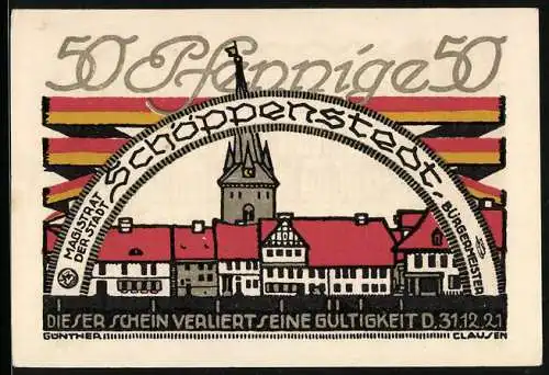 Notgeld Schöppenstedt 1921, 50 Pfennig, Ortsansicht und gereimter Text