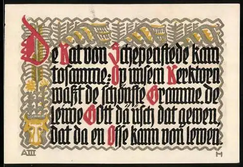 Notgeld Schöppenstedt 1921, 50 Pfennig, Stadtansicht mit gereimtem Text