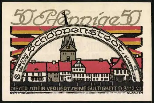 Notgeld Schöppenstedt 1921, 50 Pfennig, Stadtansicht mit gereimtem Text