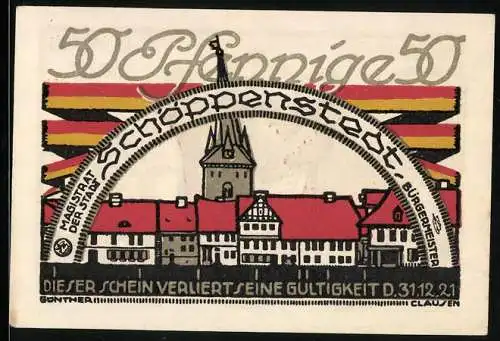 Notgeld Schöppenstedt 1921, 50 Pfennig, Stadtansicht und Wappen