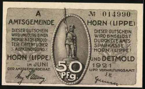 Notgeld Horn /Lippe 1921, 50 Pfennig, Denkmal und Szene mit Römern