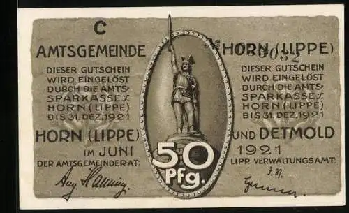 Notgeld Horn /Lippe 1921, 50 Pfennig, Denkmal und Szene mit Germanen