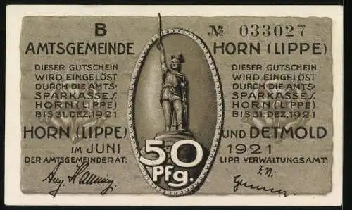 Notgeld Horn /Lippe 1921, 50 Pfennig, Schlacht zwischen Römern und Germanen, Denkmal