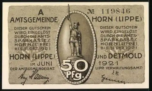 Notgeld Horn /Lippe 1921, 50 Pfennig, Szene mit Germanen und Römern