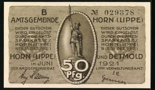 Notgeld Horn /Lippe 1921, 50 Pfennig, Szene mit Römisch-Germanischer Schlacht