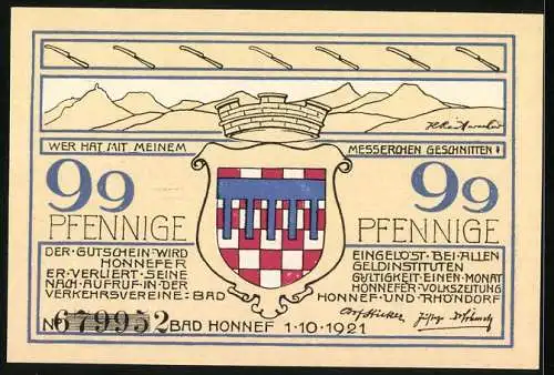 Notgeld Bad Honnef am Rhein 1921, 99 Pfennig, Villa und Wappen