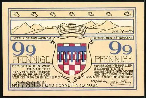 Notgeld Bad Honnef am Rhein 1921, 99 Pfennig, Löwenberg zur Ritterzeit und Wappen