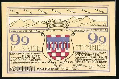 Notgeld Rhöndorf a. Rh. 1921, 99 Pfennig, Wappen, Alte Kapelle und Dorfeingang