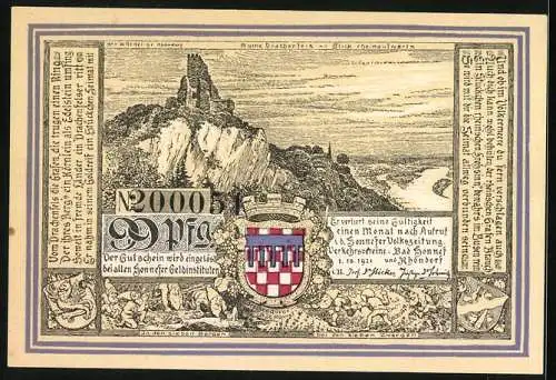 Notgeld Bad Honnef am Rhein 1921, 99 Pfennig, Ruine Drachenfels und Blick rheinaufwärts