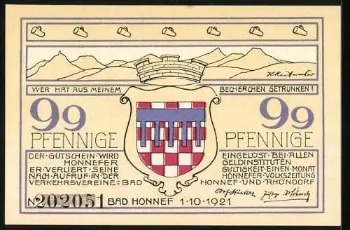 Notgeld Bad Honnef am Rhein 1921, 99 Pfennig, Wappen und Löwenburg zur Ritterzeit