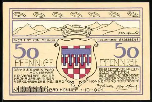 Notgeld Bad Honnef am Rhein 1921, 50 Pfennig, Wappen und Blick über die Felder