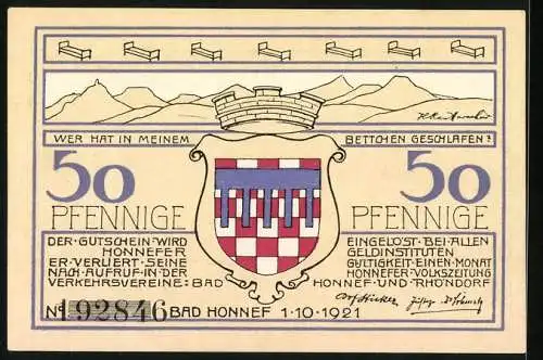 Notgeld Rhöndorf am Rhein 1921, 50 Pfennig, Wappen und Strandbad Drachenfels