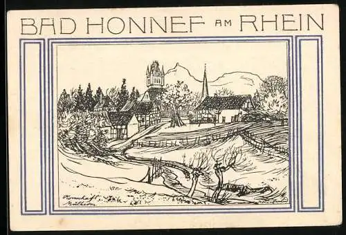 Notgeld Bad Honnef am Rhein 1921, 50 Pfennig, Ortsansicht mit Feldern, Wappen