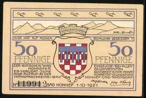 Notgeld Bad Honnef am Rhein 1921, 50 Pfennig, Ortsansicht mit Feldern, Wappen