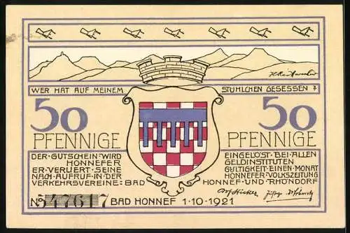 Notgeld Bad Honnef am Rhein 1921, 50 Pfennig, Wappen und Ortsansicht mit Burgturm