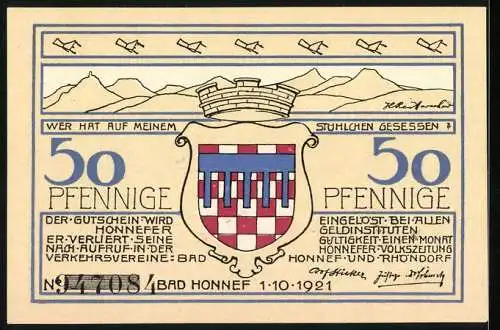 Notgeld Bad Honnef am Rhein 1921, 50 Pfennig, Wappen und Blick auf den Ort
