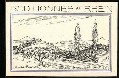 Notgeld Bad Honnef am Rhein 1921, 50 Pfennig, Wappen und Blick über Felder und Hügel