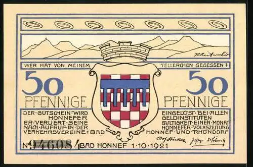 Notgeld Bad Honnef am Rhein 1921, 50 Pfennig, Wappen und Blick über Felder und Hügel