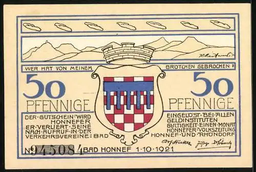 Notgeld Bad Honnef am Rhein 1921, 50 Pfennig, Wappen und Ortsansicht aus der Ferne