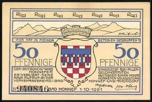 Notgeld Rhöndorf am Rhein 1921, 50 Pfennig, Wappen und Strandbad Drachenfels