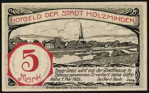 Notgeld Holzminden 1922, 5 Mark, Ortsansicht und Szene Eingemeindung Altendorfs