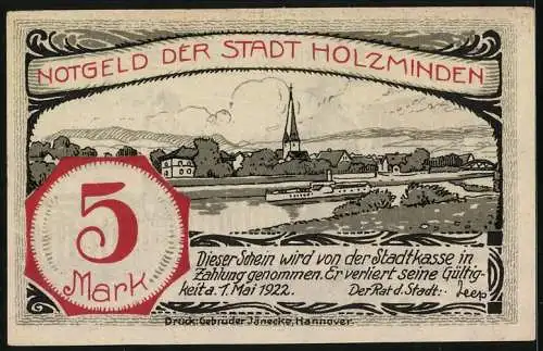 Notgeld Holzminden 1922, 5 Mark, Szene Eingemeindung Altendorfs