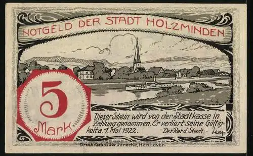Notgeld Holzminden 1922, 5 Mark, Ortsansicht und Szene der Eingemeindung Altendorfs