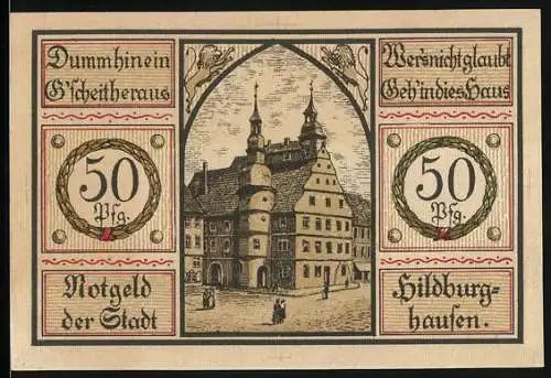 Notgeld Hildburghausen 1921, 50 Pfennig, Wappen und Strassenpartie mit Passanten