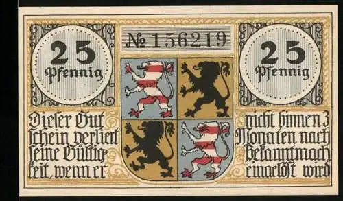 Notgeld Hildburghausen, 25 Pfennig, Wappen und Teilansicht mit Flusspartie