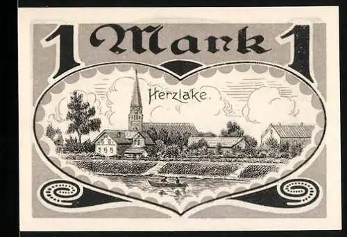 Notgeld Herzlake 1921, 1 Mark, Ortsansicht und Hügel mit Aleburg